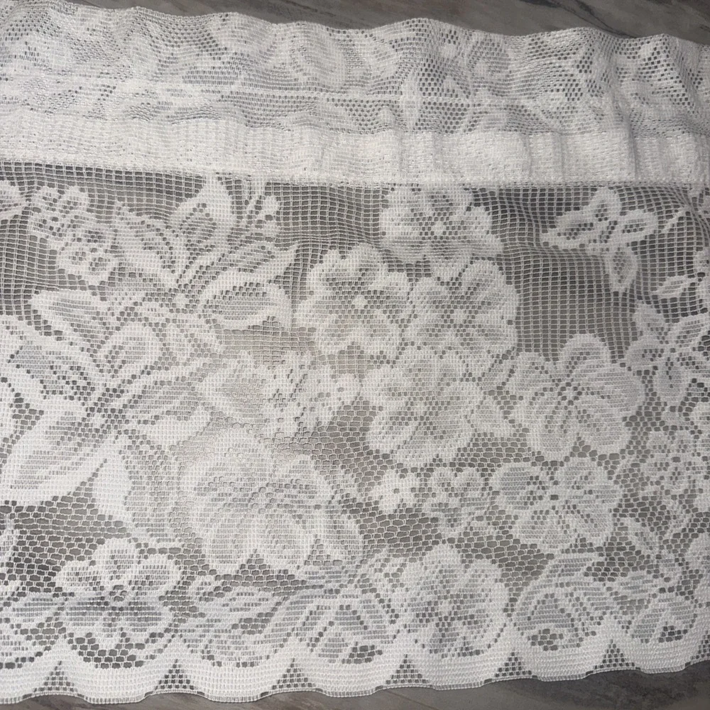 Pair 2 White Lace Valance Curtain Panels Floral 54x12 Inch Cottagecore